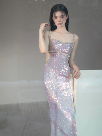 Shiny Pink Sheath Straps Rhinestone Sequin Prom Dress Evening Dress Party Dress HZ1023